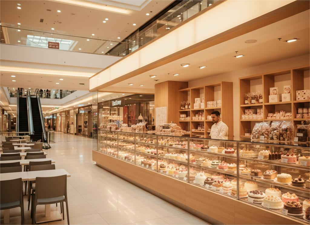A brightly lit, modern cake shop within a bustling mall environment, showcasing a wide variety of beautifully displayed pastries and desserts. The shop features clean design elements and ample counter space, representing the kind of premium retail opportunities available within Infinity Group's commercial spaces, designed for high footfall and appealing storefronts.