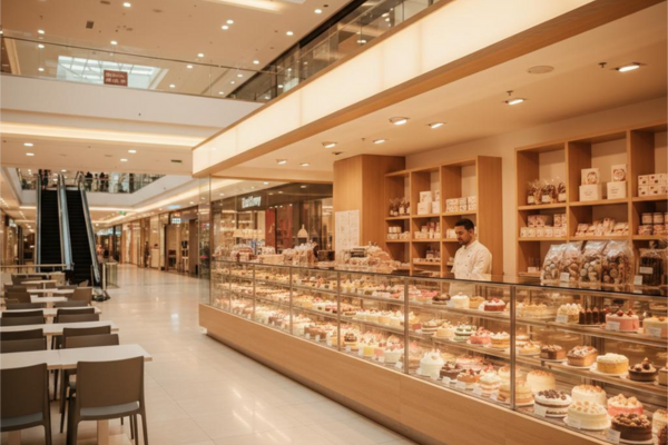 A brightly lit, modern cake shop within a bustling mall environment, showcasing a wide variety of beautifully displayed pastries and desserts. The shop features clean design elements and ample counter space, representing the kind of premium retail opportunities available within Infinity Group's commercial spaces, designed for high footfall and appealing storefronts.